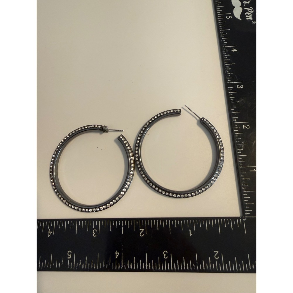 Gunmetal Rhinestone Hoop Earrings Large Dark Grey Crystal Pave Open Hoops 2.25"